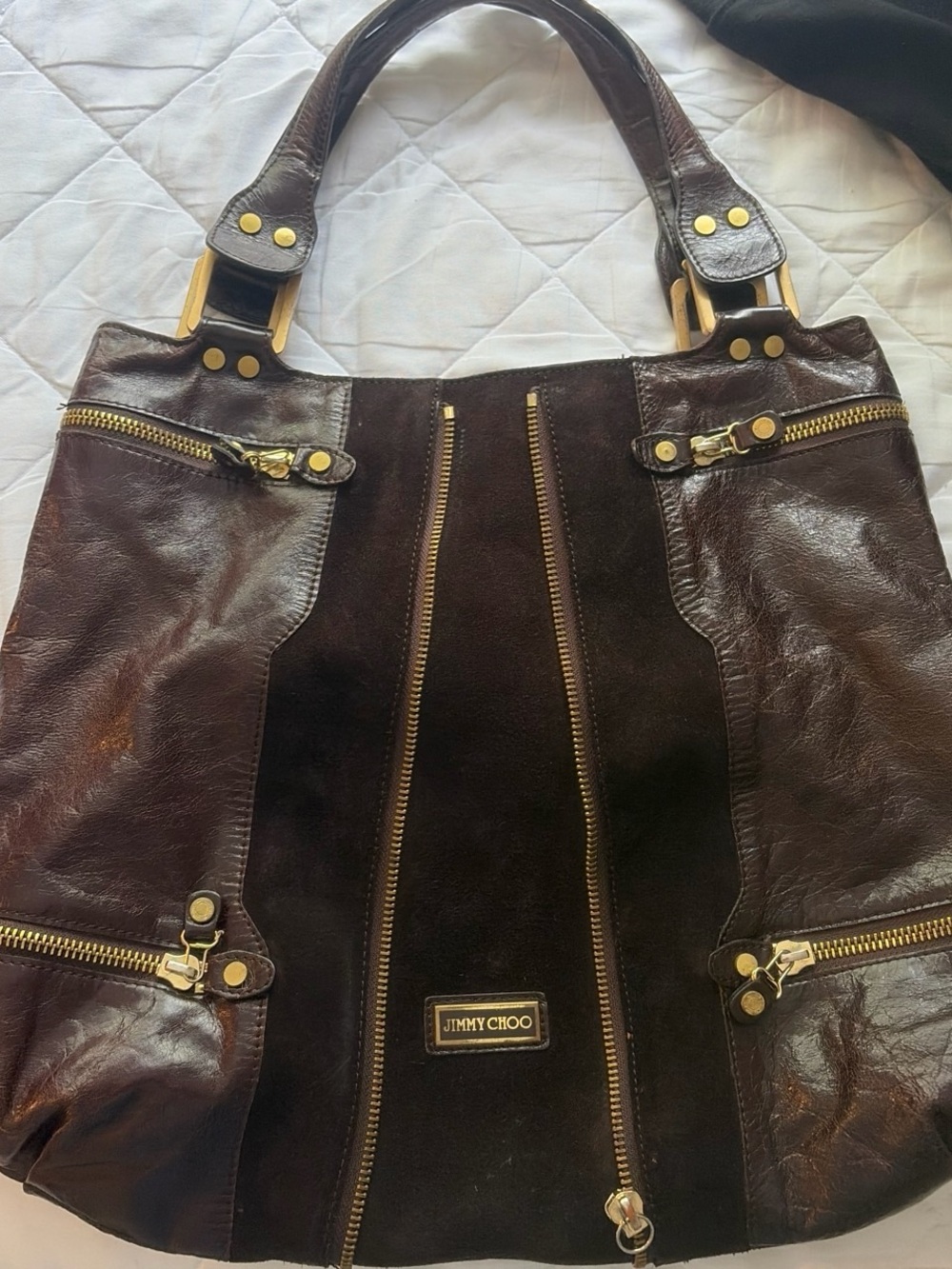 Jimmy Choo Brown Leather and Suede Tote with Gold Hardware
